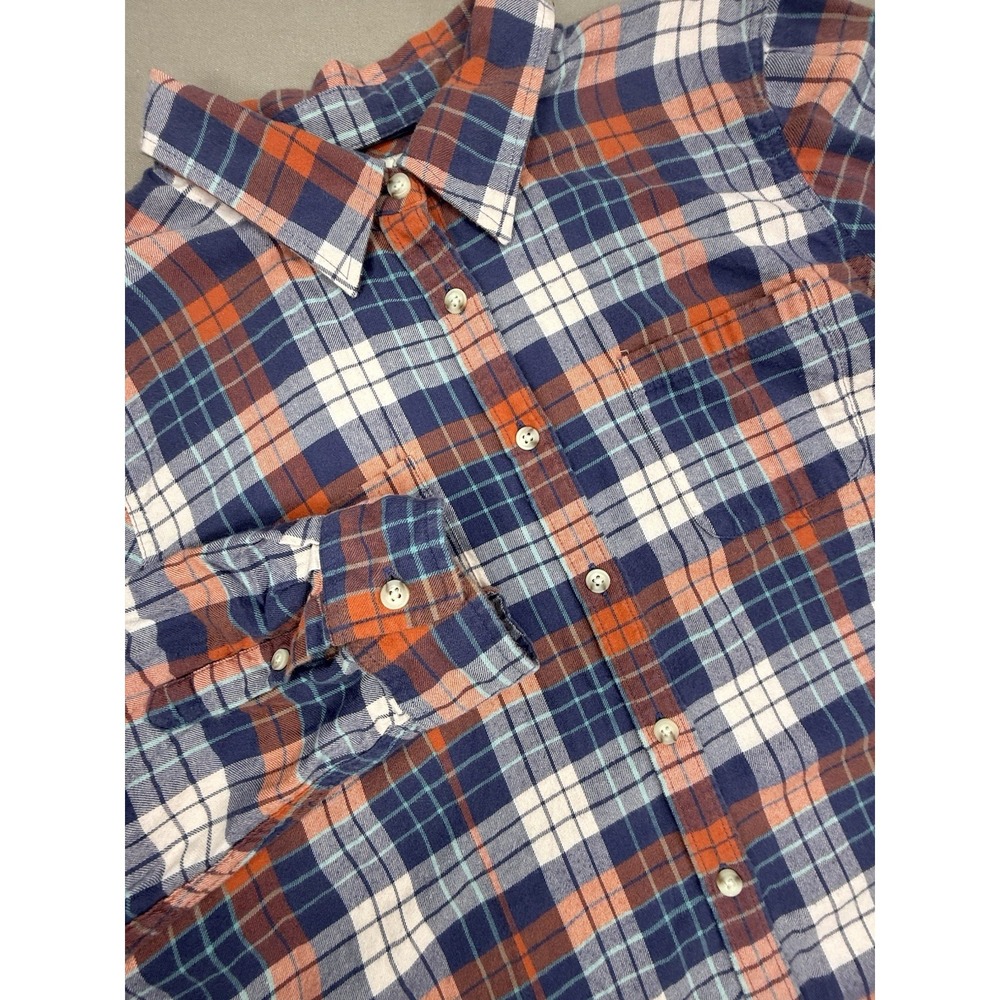 LL BeanMen's Large Blue Orange Plaid Flannel Cotton Pockets Long Sleeve Outdoor
